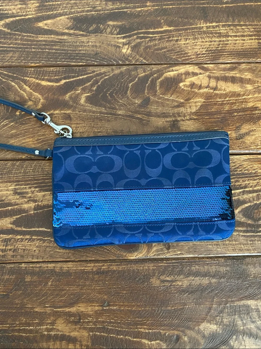 Coach Blue Sequin Stripe Wristlet Clutch